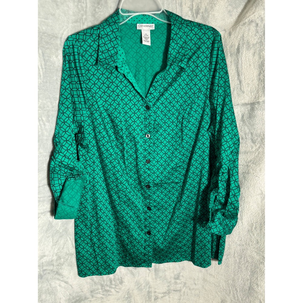 Catherines Green Black Geometric Print Button Front Blouse 0X‎ 14/16W Roll Tab